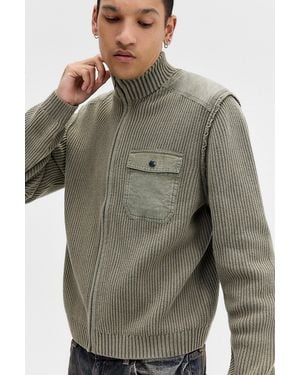 BDG Panelled Rib Knit Cardigan - Green