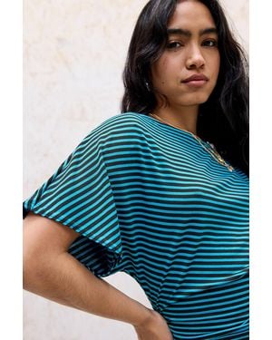 Silence + Noise Silence + Noise Sasha Slash Neck Ruched Waist T-shirt - Blue