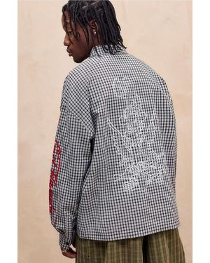 Ed Hardy Uo Exclusive Black & White Check Sword Dragon Shirt M At Urban Outfitters - Grey