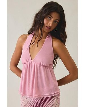 Kimchi Blue Renee Mesh Open Tie-Back Babydoll Halter Top - Pink