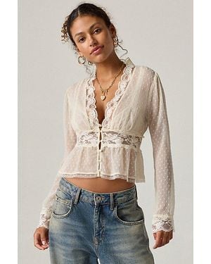 Kimchi Blue Dolly Sheer Swiss Dot Lace Trim Babydoll Blouse - Natural