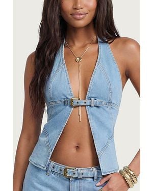 Edikted Ciel Split Front Denim Halter Top - Blue