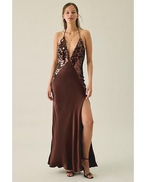Bardot Yve Plunging Halter Sequin + Satin Slip Maxi Dress - Brown