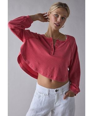BDG Logan Oversized Long Sleeve Henley Top - Red