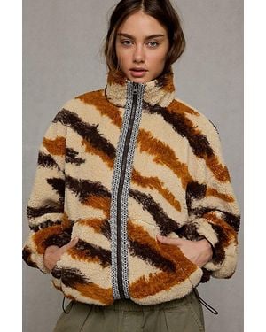 BDG Mae Printed Piled Fleece Zip-Up Jacket - Brown