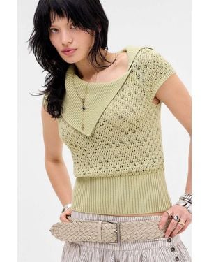 Urban Outfitters Uo Short Sleeve Pointelle Fine Knit Top - Green