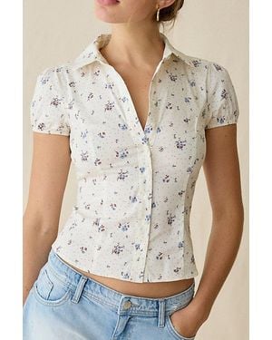 Kimchi Blue Clover Rounded Collar Short Sleeve Button-Down Shirt - White