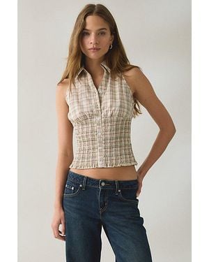 Daisy Street Bibi Smocked Sleeveless Button-Down Top - Brown