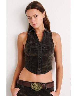 BDG Rae Velvet Flocked Denim Snap-Front Cropped Vest Top Jacket - Black