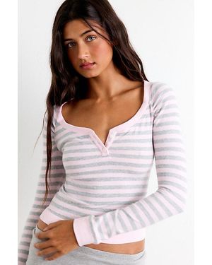 Out From Under All Nighter Striped Long Sleeve Henley Tee - White