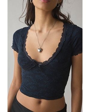 Out From Under Bella Seamless Knit Lace Trim Crop Tee - Blue