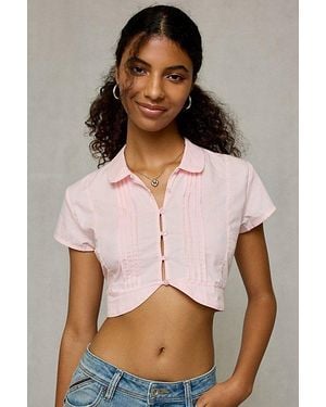 Motel Sagima Cropped Short Sleeve Button-Down Blouse - Natural