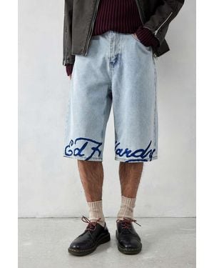 Ed Hardy Uo Exclusive Light-wash Denim Logo Hem Shorts - Blue
