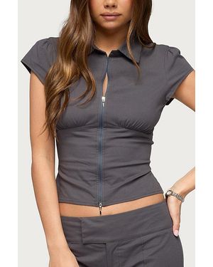 Edikted Brylee Zip Up Short Sleeve Shirt Top - Gray