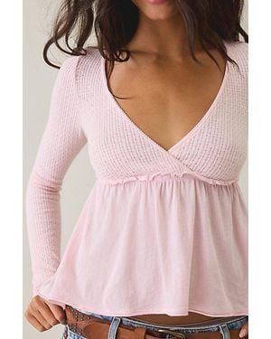 BDG Keepsake Surplice V-Neck Long Sleeve Babydoll Top - Pink