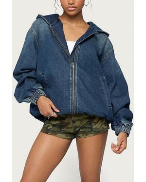 Edikted Hooded Vintage Washed Denim Bomber Jacket - Blue