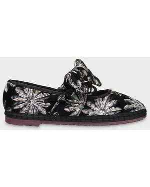 Flabelus Lyra Petal Embroidered Mary Janes Shoe - Black