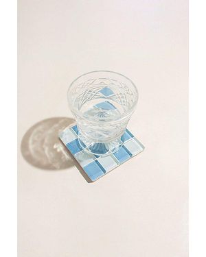 Subtle Studios Chocolate Checkered Glass Tile Coaster - Blue