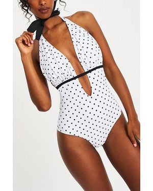Miss Circle Polka Dot Ruched Halter Backless Swimsuit - White