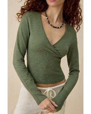 BDG Pretty Sweet Surplice V-Neck Sweater - Green