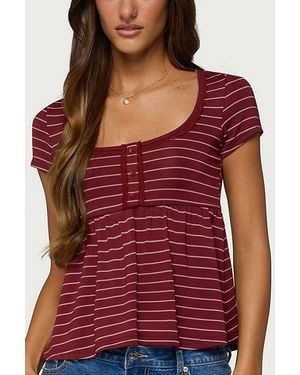 Edikted Jina Lacey Striped Babydoll Henley Top - Red