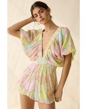 Out From Under Sandy Beach Plunging Short Sleeve Romper - Natural