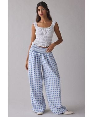 Kimchi Blue Caroline Smocked Wide Leg Linen-Blend Pant - Blue