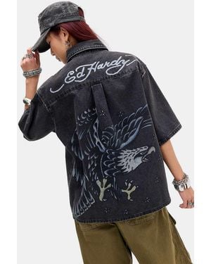 Ed Hardy Eagle & Stars Relaxed Denim Shirt - Blue