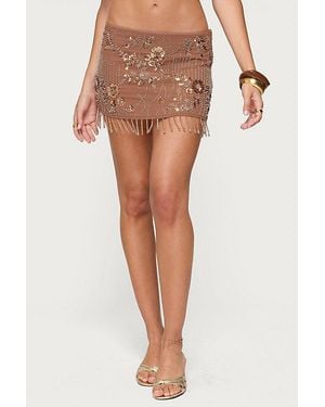 Edikted Sheer Sequin Bead Fringed Mini Skirt - Brown
