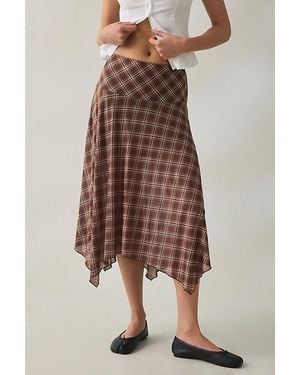 BDG Winnie Plaid Sheer Mesh Hanky Hem Drop Waist Midi Skirt - Brown