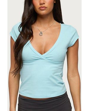 Edikted Penelopy Overlap V Neck T Shirt Top - Blue