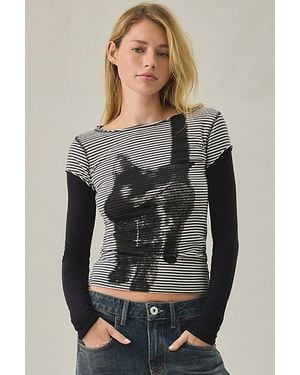 BDG Sloane Cat Graphic Layered Twofer Long Sleeve Tee - Gray