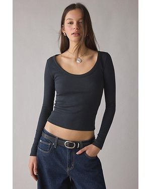 BDG Off-Duty Ribbed Scoop Neck Long Sleeve Tee - Gray