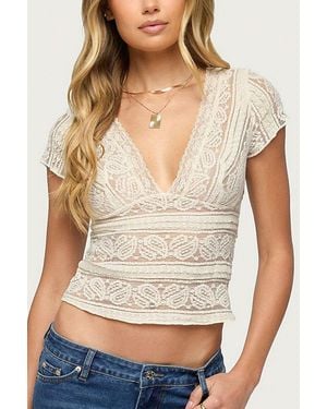 Edikted Avalee Sheer Lace V Neck Top - Gray