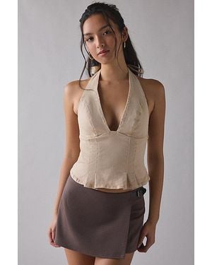 Urban Outfitters Uo With Love Plunging Halter Denim Crop Top - Brown
