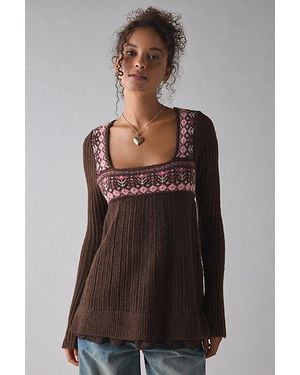 Kimchi Blue Hannah Printed Ruffle Trim Babydoll Sweater - Brown
