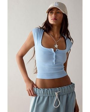 Out From Under Sally Square Neck Seamless Knit Henley Tee - Blue