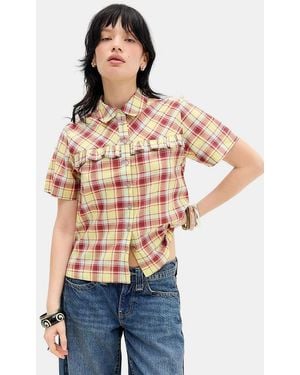 Damson Madder Tomboy Celery Check Shirt Uk 6 At Urban Outfitters - Blue