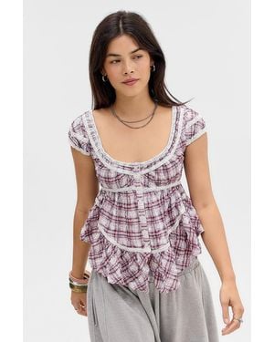 BDG Ameila Check Short Sleeve Blouse - Purple