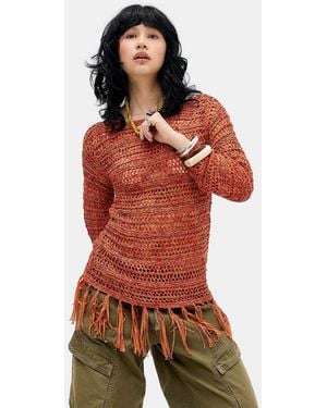 BDG Fringed Stitch Top - Red