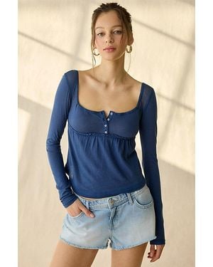 BDG Brittney Long Sleeve Henley Babydoll Top - Blue