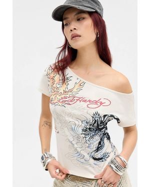 Ed Hardy Uo Exclusive Dragon Off-shoulder Graphic Tee - Grey