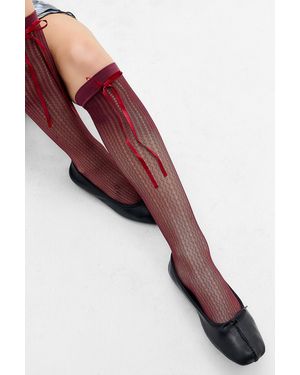 Out From Under Stripe Satin Bow Knee High Socks - Red