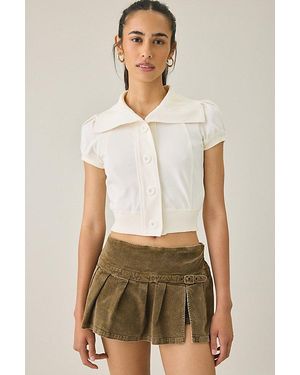 BDG Library Flirt Knit Short Sleeve Button-Down Top - White