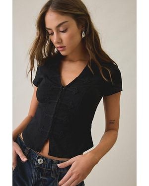 BDG Tori Short Sleeve Frog Button-Down Shirt - Black