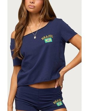 Edikted Brazilian Babe Off Shoulder T Shirt Top - Blue