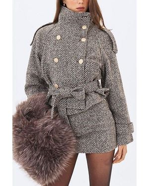 Miss Circle Sadie Herringbone High Collar Belted Mini Jacket - Brown
