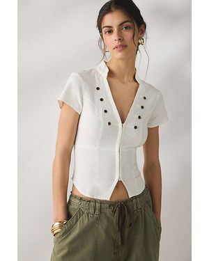 BDG Milo Military Button Linen Short Sleeve Shirt Top - White