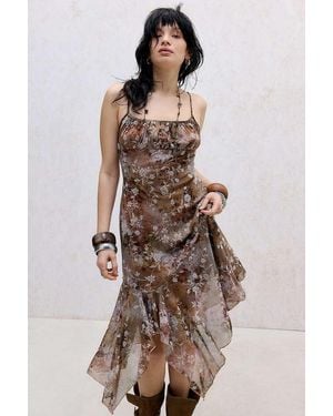 Kimchi Blue Bettina Flocked Mesh Midi Dress - Brown
