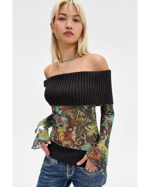 Urban Outfitters Uo Jaea Knit Mesh Bardot Top - Black